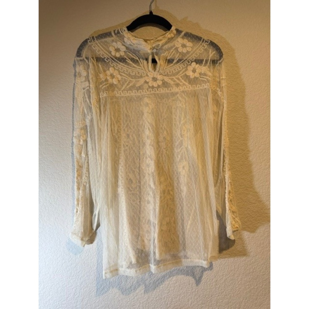SUNDANCE Sheer Embroidered High Neck Boho Festival Lace Stretchy Cream Floral XL - Picture 6 of 7
